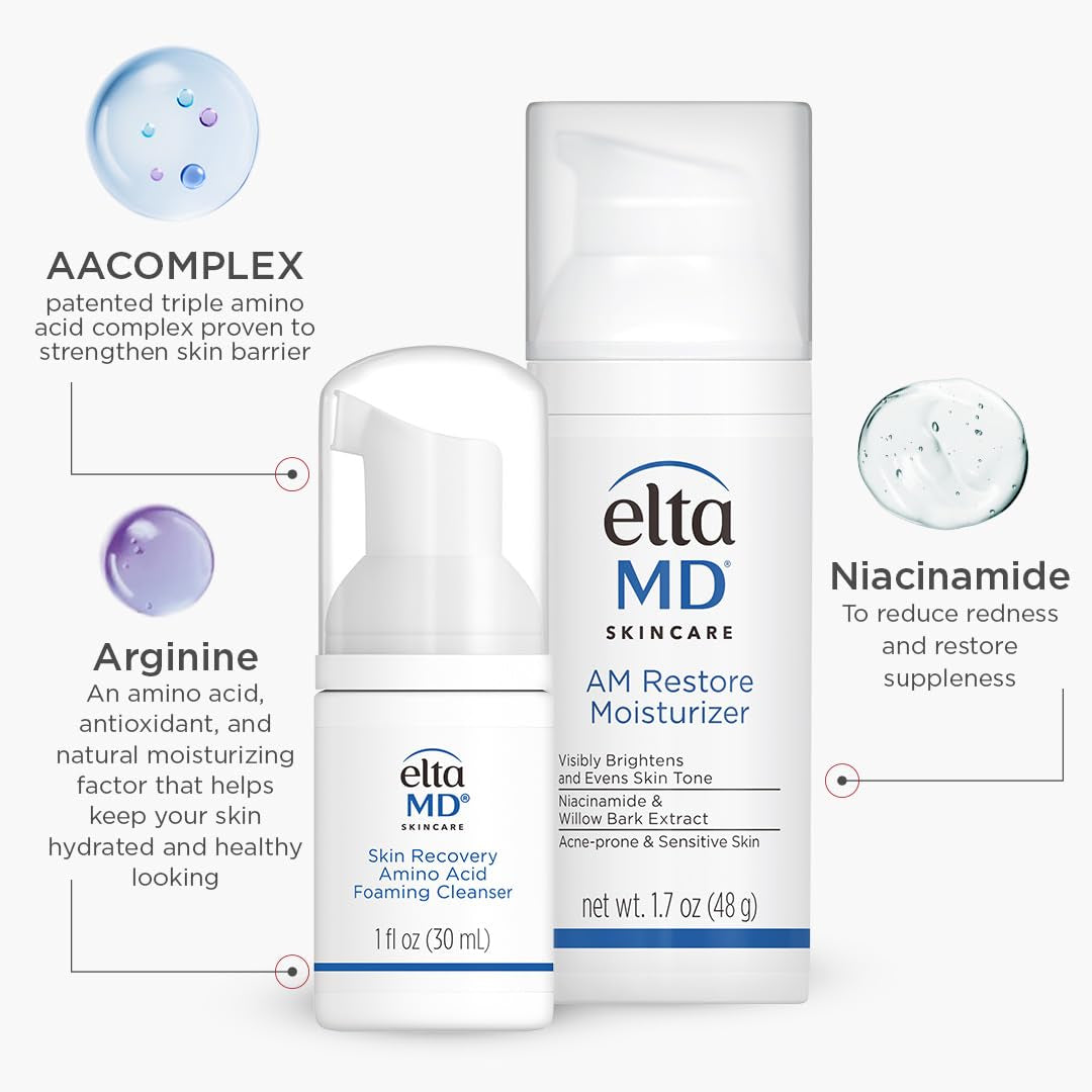 AM Restore Face Moisturizer and Skin Recovery Amino Acid Foaming Facial Cleanser Set, for Acne-Prone and Sensitive Skin, 1.7 Fl Oz Moisturizer and 1 Fl Oz Face Cleanser