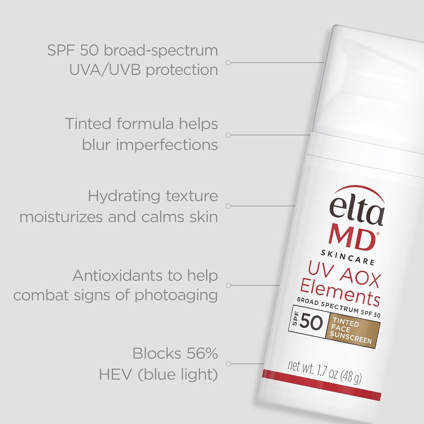 UV AOX Elements Tinted Mineral Face Sunscreen, SPF 50, Tinted Sunscreen for Face with Antioxidants, 1.7 Oz Pump