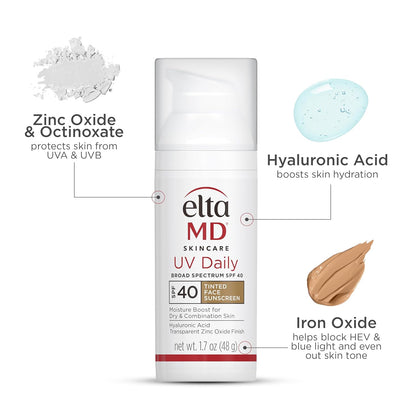 UV Daily SPF 40 Tinted Face Sunscreen Moisturizer, Tinted Moisturizer for Face with SPF, Great for Dry, Combination, and Normal Skin