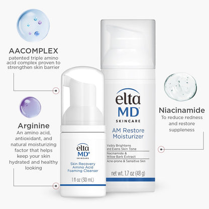 AM Restore Face Moisturizer and Skin Recovery Amino Acid Foaming Facial Cleanser Set, for Acne-Prone and Sensitive Skin, 1.7 Fl Oz Moisturizer and 1 Fl Oz Face Cleanser